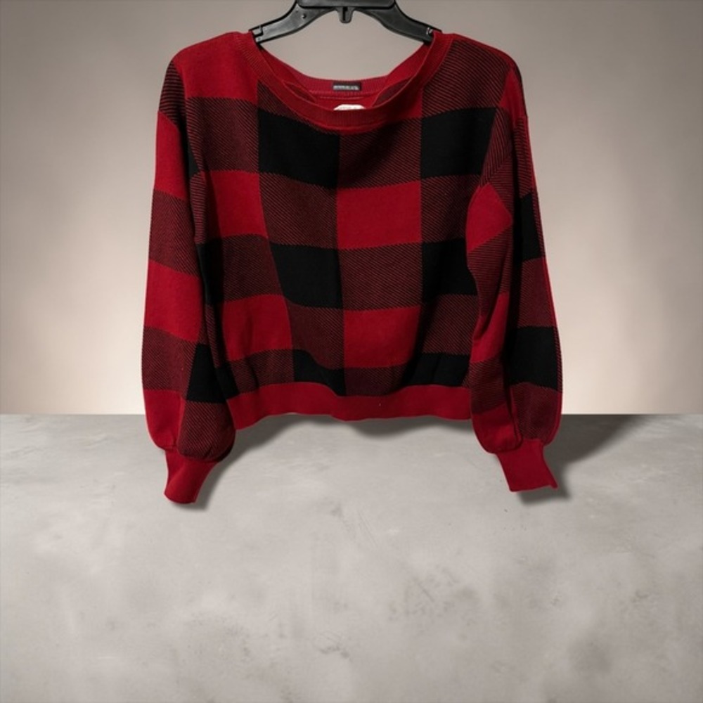 Cato Buffalo Plaid Sweater Womens‎ Large Red Black Excellent Balloon Sleeve Knit